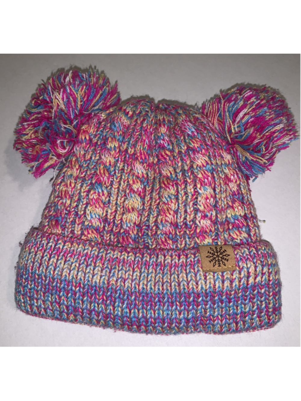 Snowflake Logo Pink Rainbow Cable Knit Beanie Double Pom Pom Hat Lined Winter